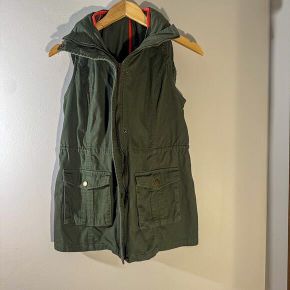 Market & Spruce Olive Green Hooded Utility Vest | Drawstring Anorak Gilet (Sz M) - Picture 3 of 7